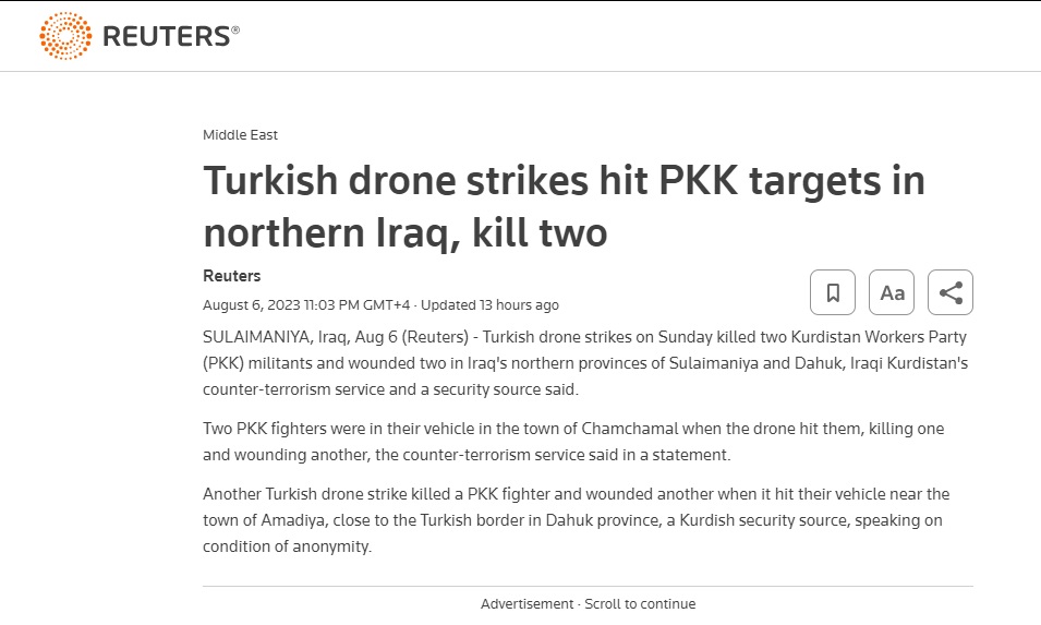 رويترز: الغارات التركية تلاحق عناصر العمال داخل أراضي العراق