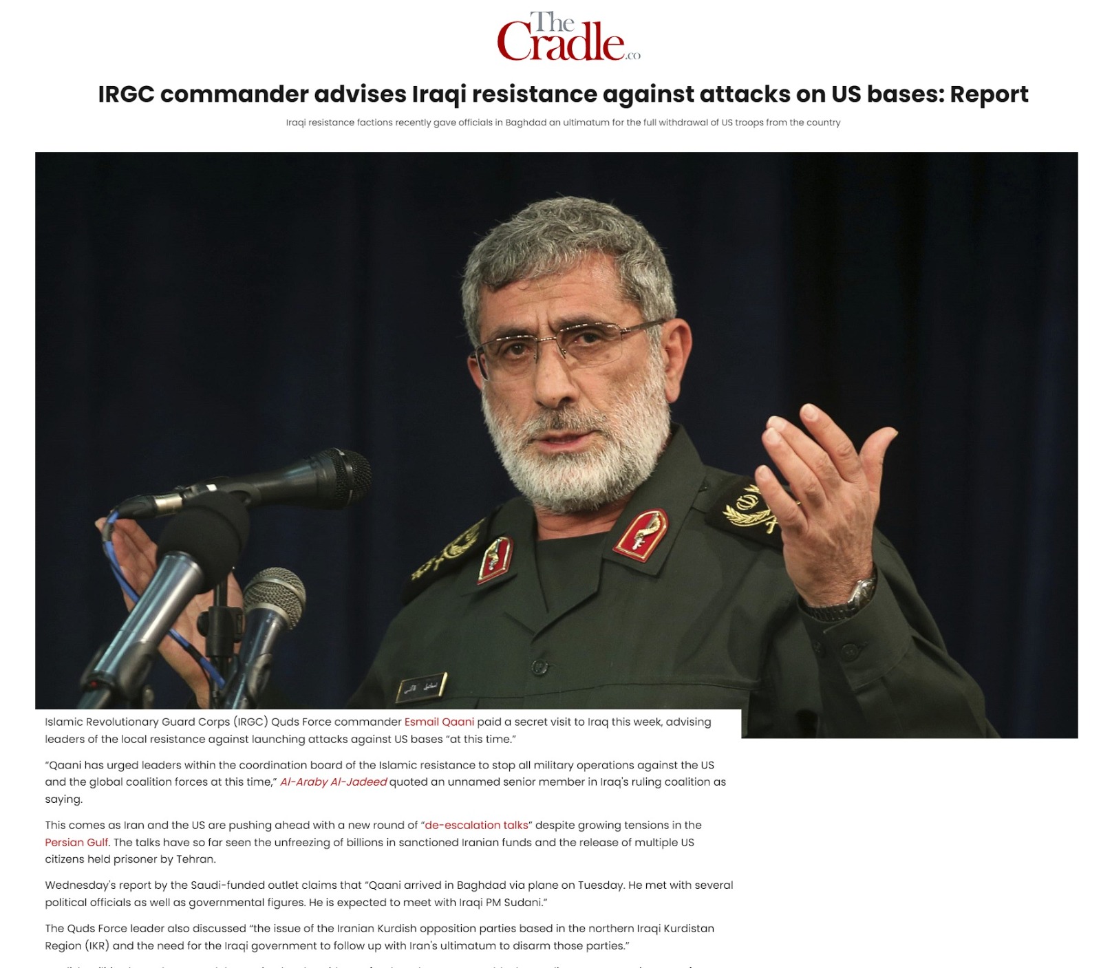 ذا كرادل: قاآني أبلغ قادة الحشد بوقف أي تصعيد ضد الولايات المتحدة