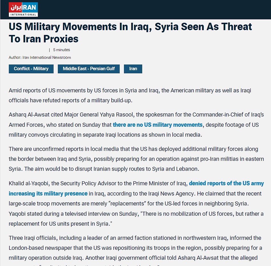 إيران إنترناشونال: التحركات العسكرية الأمريكية في العراق وسوريا تهديد لوكلاء إيران