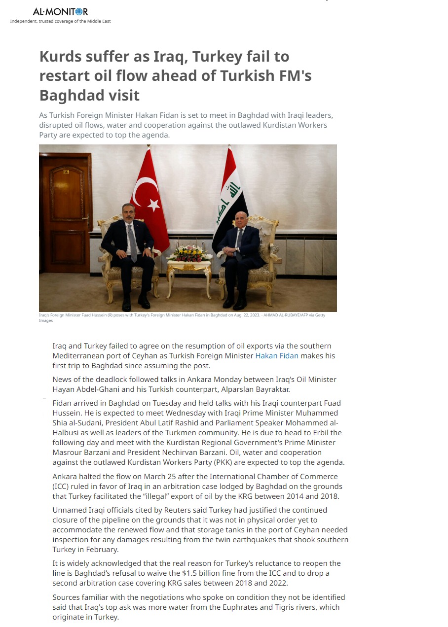 المونيتور: المعاناة مستمرة بعد فشل الاتفاق بين العراق وتركيا