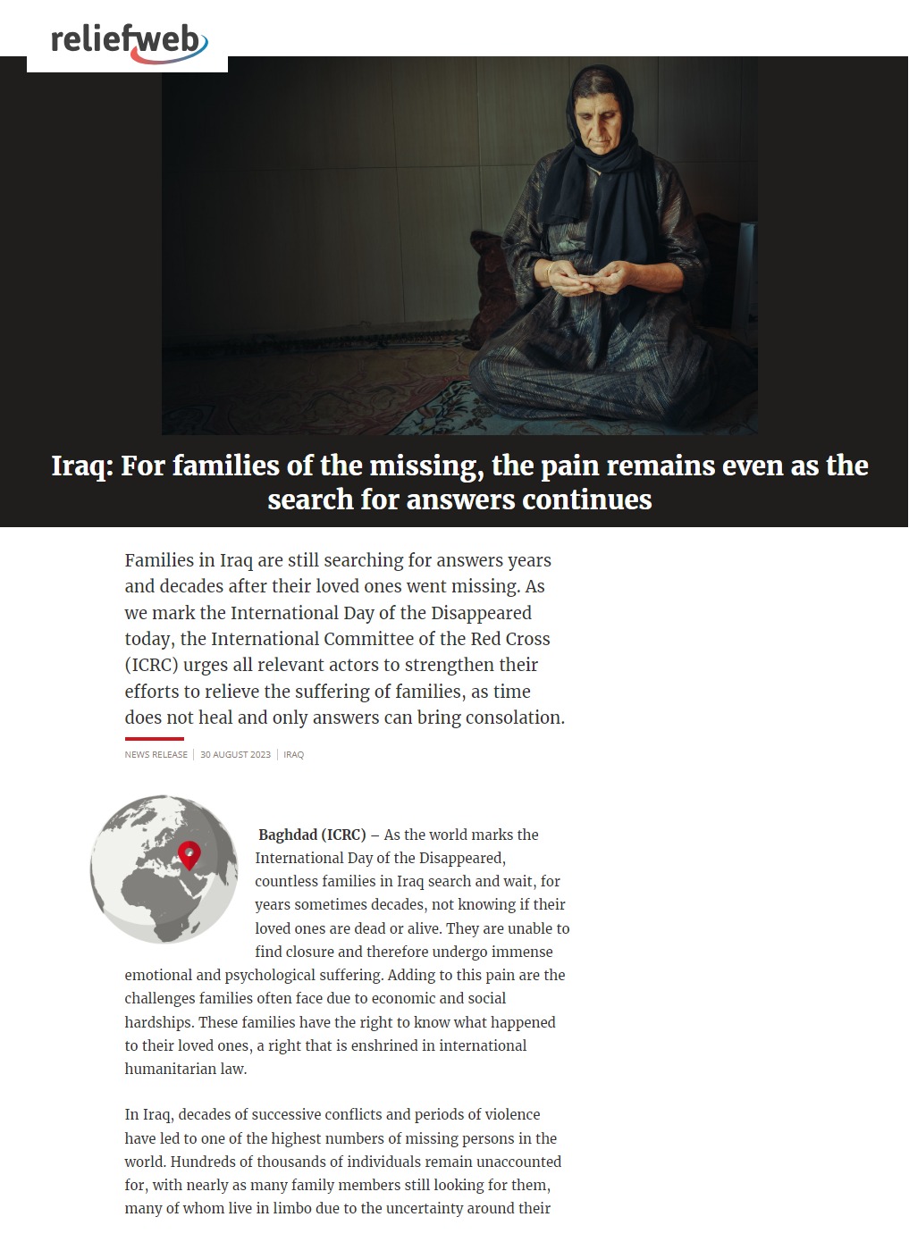 ريليف ويب: ألم مئات العائلات العراقية قائم مع استمرار البحث عن ذويهم