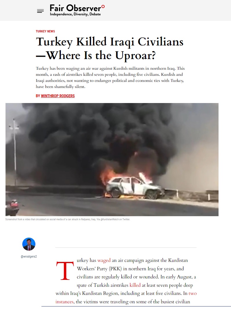 فير أوبزرفر: تركيا تقتل مدنيين في العراق .. أين الضجة؟