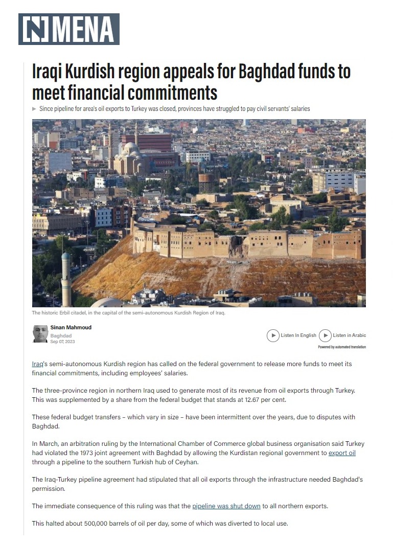 ذا ناشونال: كردستان تناشد بغداد للوفاء بالتزاماتها المالية في ظل أزمة رواتب