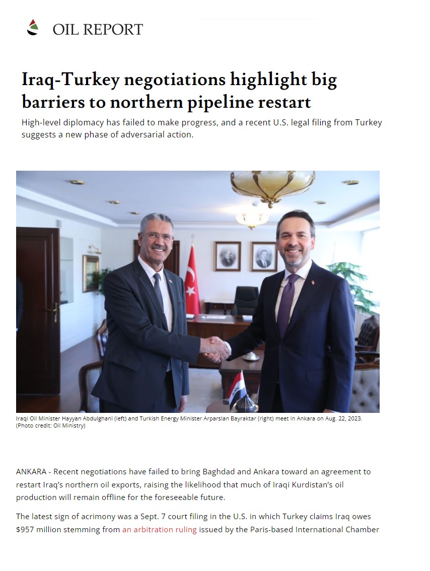 أويل ريبورت: معوقات كبيرة في مفاوضات العراق وتركيا لاستئناف ضخ النفط
