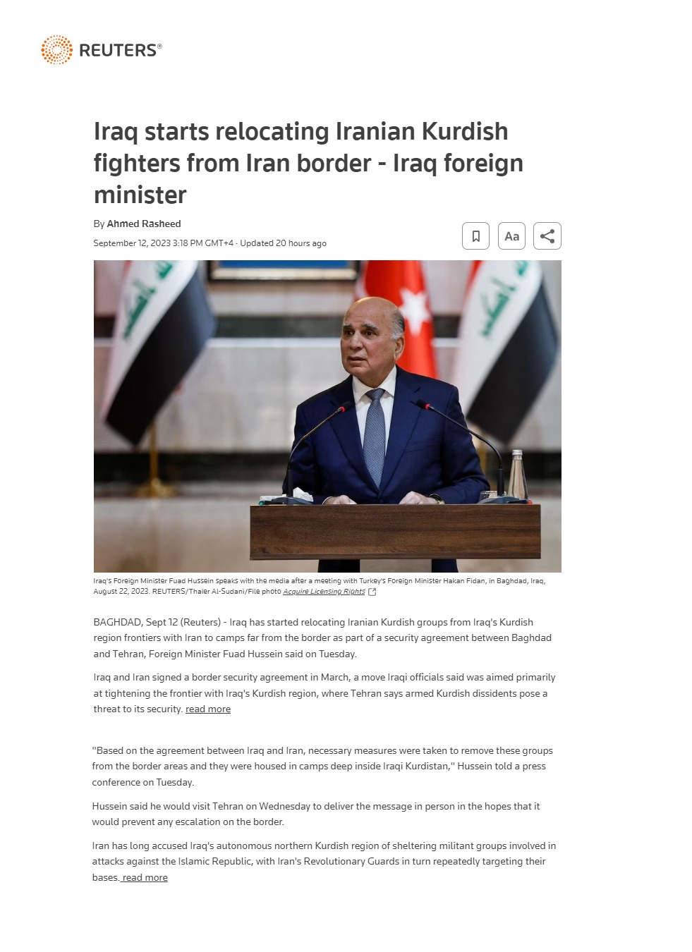 رويترز: العراق بدأ نقل المجموعات المسلحة الكردية الإيرانية