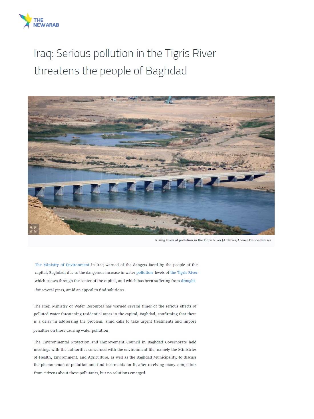 نيو آراب: تلوث خطير في نهر دجلة يهدد أهالي بغداد