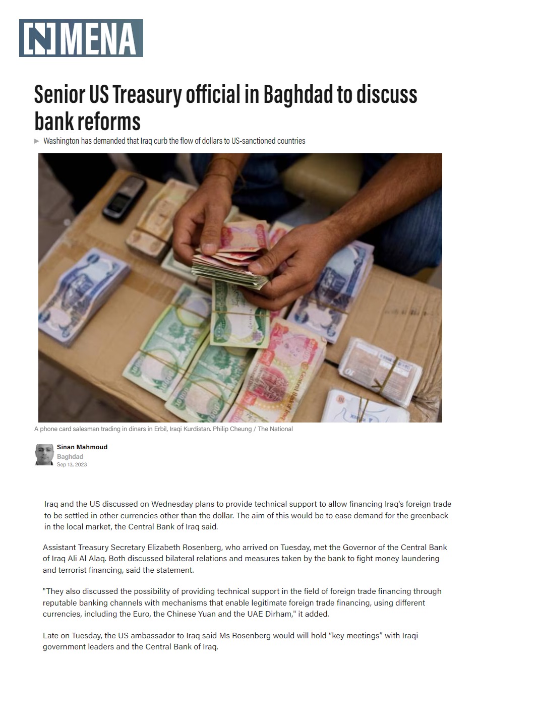 ذا ناشونال: مسؤول أميركي في العراق لبحث الإصلاحات المصرفية ومكافحة الفساد