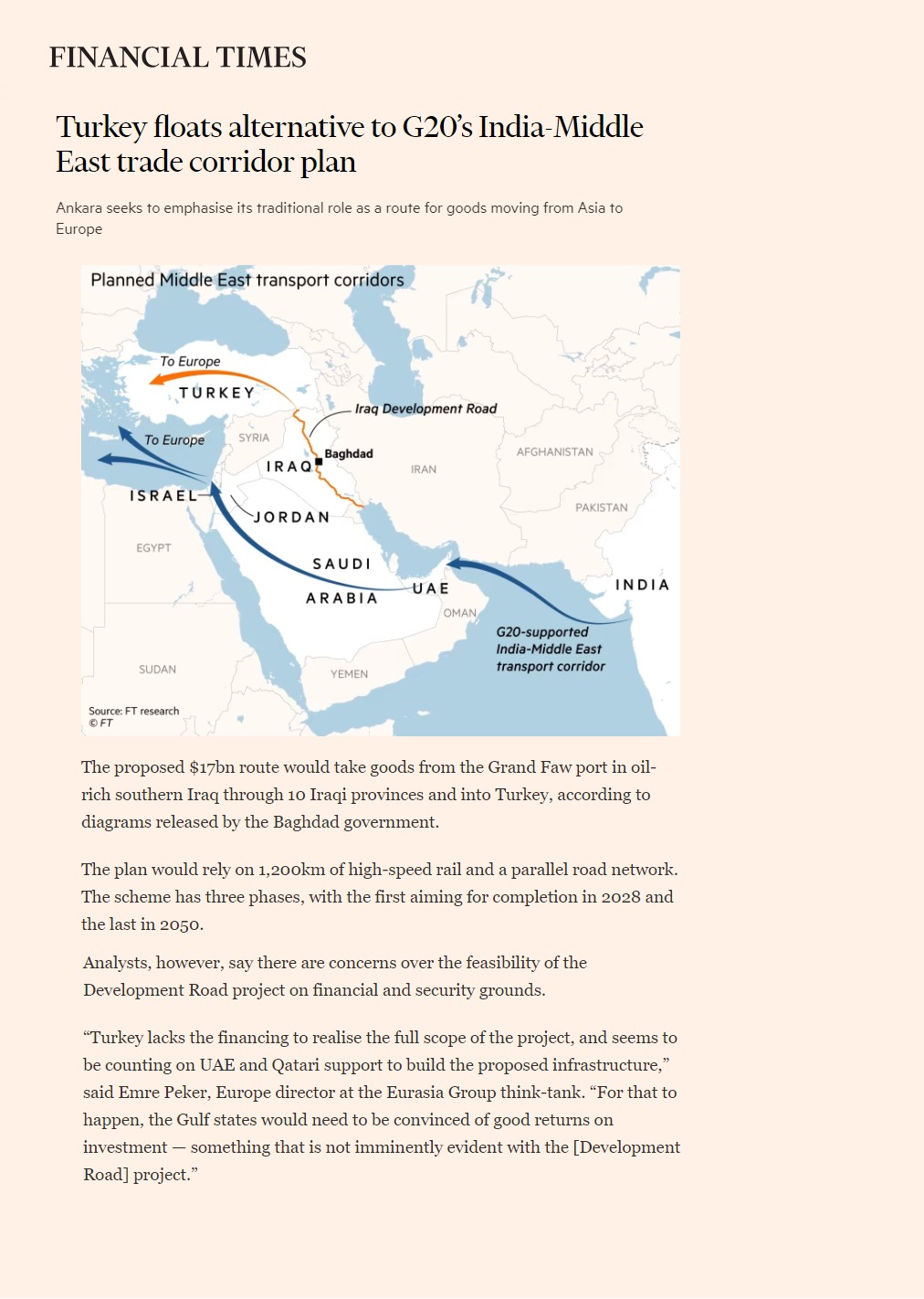 فايننشال تايمز: تركيا تطرح بديلا للممر التجاري بين الهند وأوروبا لكن العراق غير موثوق