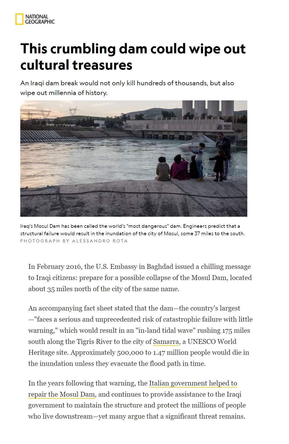 مجلة ناشونال جيوغرافيك: كارثة ليبيا قد تتكرر في العراق بسبب سوء حالة سد الموصل