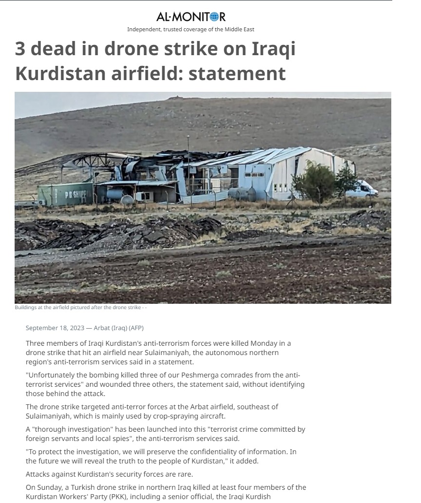 المونيتور: موظفون أجانب وجواسيس محليون وراء غارة استهدفت مطار قرب السليمانية