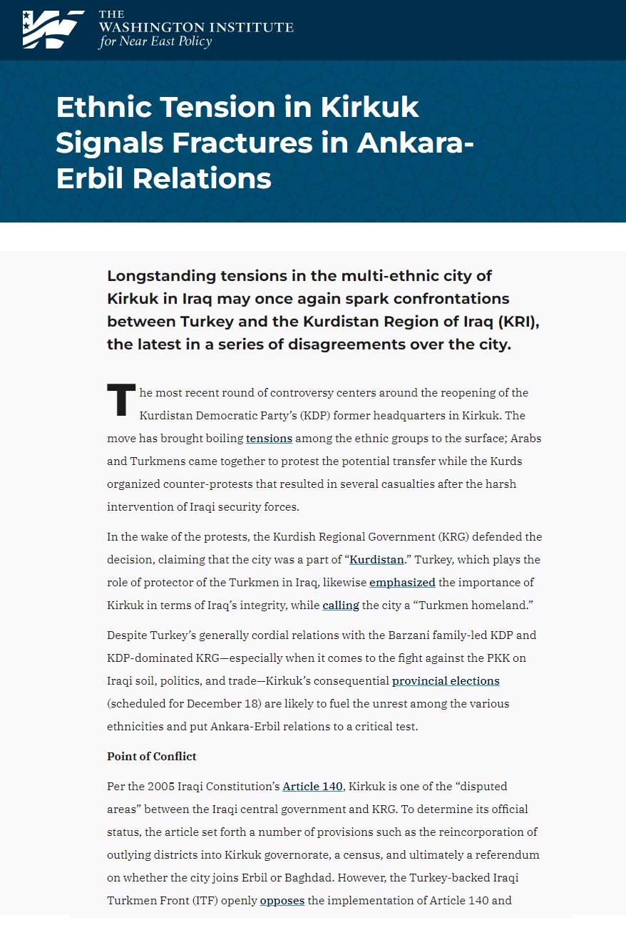 معهد واشنطن: التوتر العرقي في كركوك على وشك الانفجار