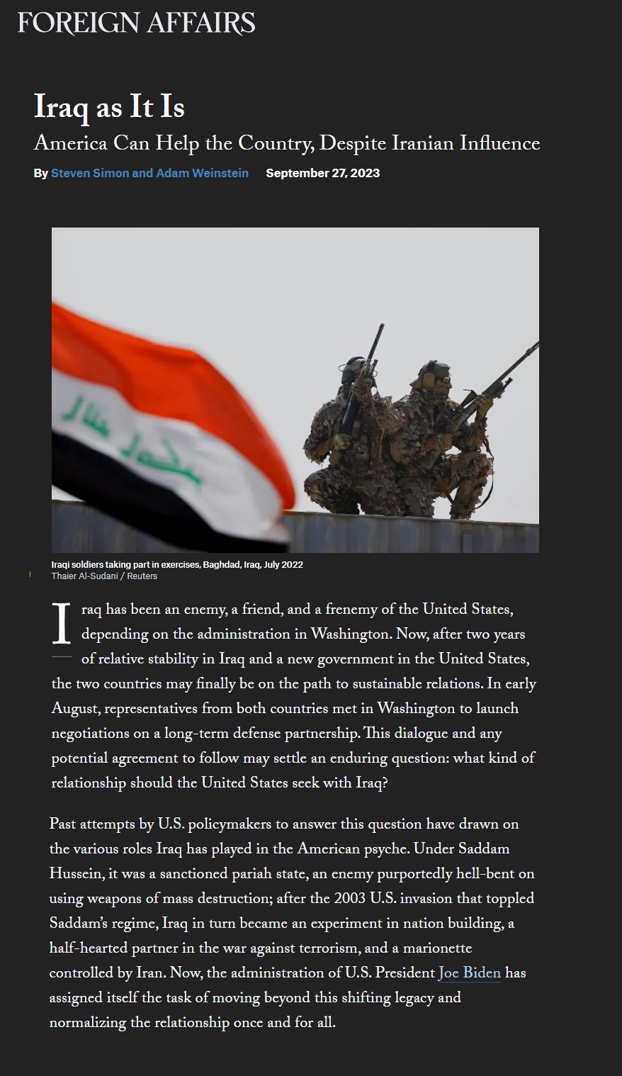 فورين آفيرز: أميركا يمكن أن تساعد العراق رغم النفوذ الإيراني