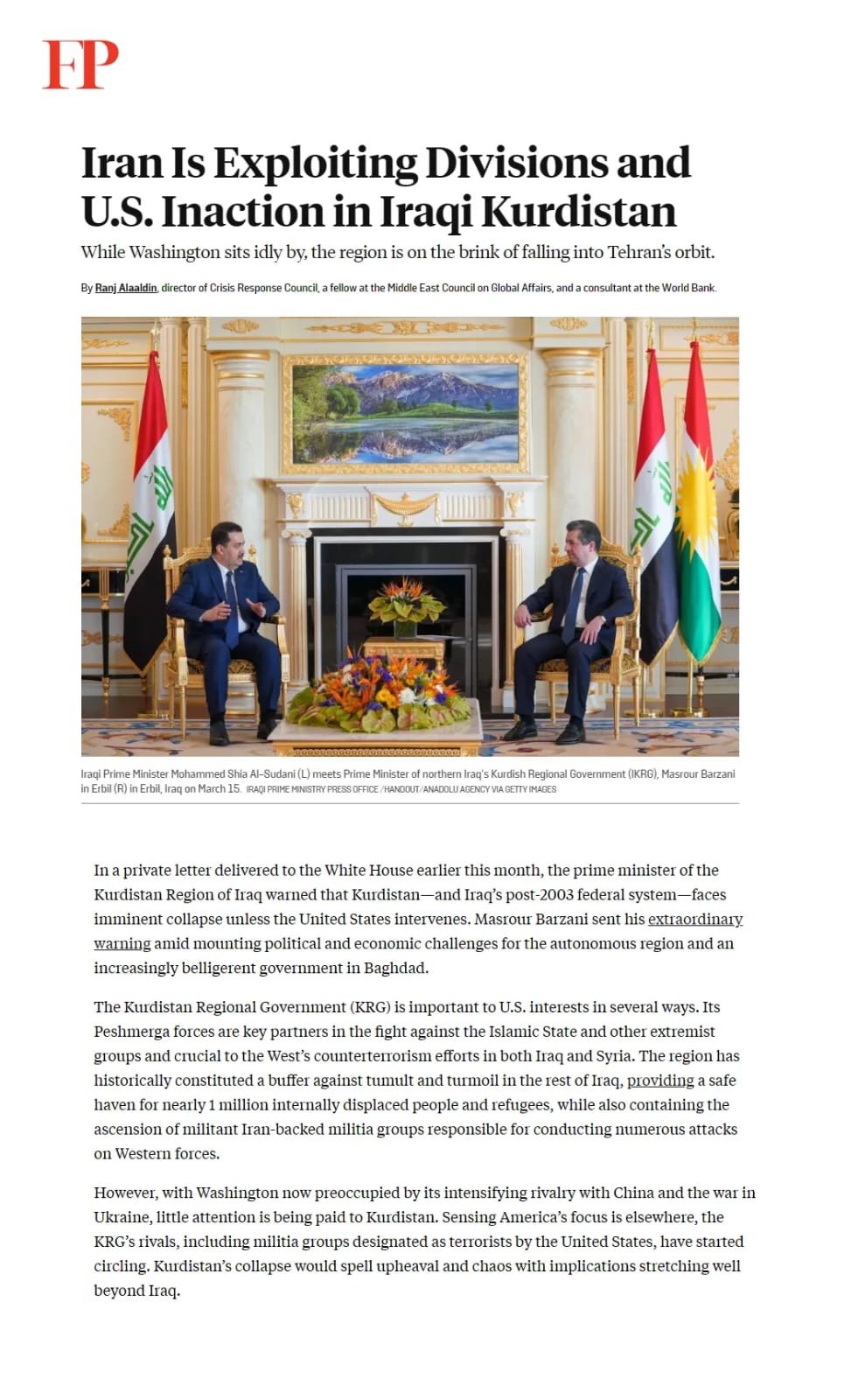 فورين بوليسي: إيران تستغل الانقسامات والتقاعس الأمريكي في كردستان