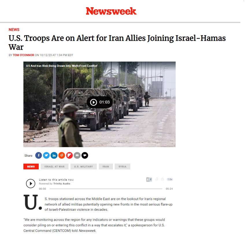 نيوزويك: القوات الأمريكية في حالة تأهب تحسبا لانضمام حلفاء إيران إلى الحرب بين إسرائيل وحماس