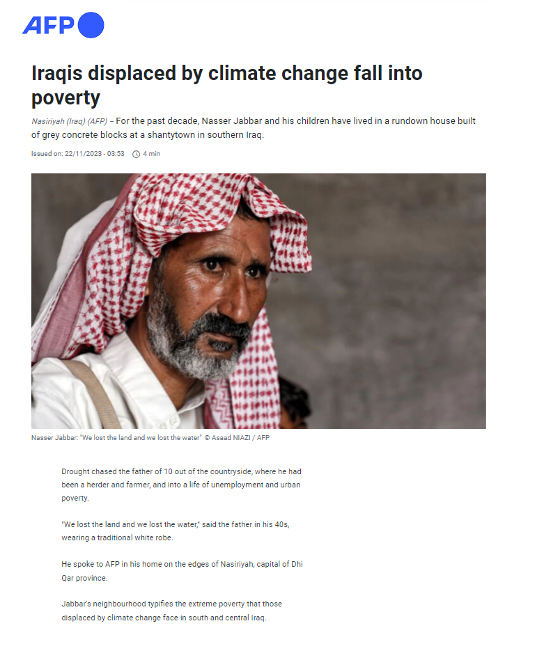 فرانس برس: العراقيون النازحون بسبب تغير المناخ يقعون في براثن الفقر