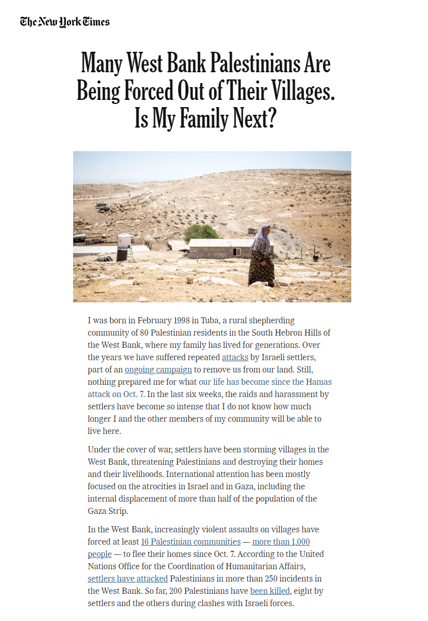 نيويورك تايمز: المستوطنون يجبرون المئات من فلسطينيي الضفة الغربية على ترك قراهم