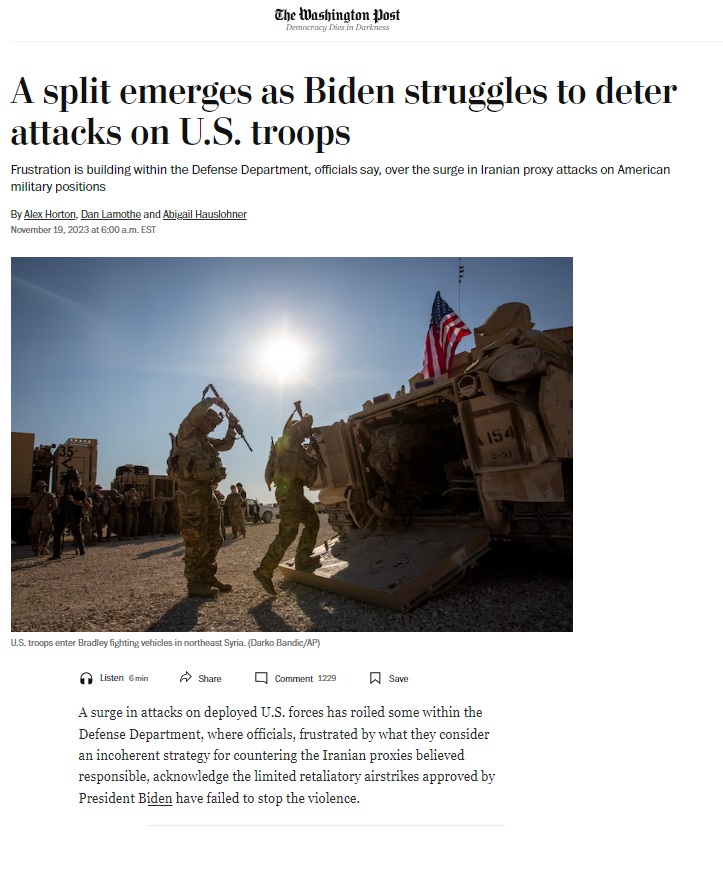 واشنطن بوست: إحباط في البنتاغون بشأن الاستجابة لهجمات وكلاء إيران بالعراق وسوريا