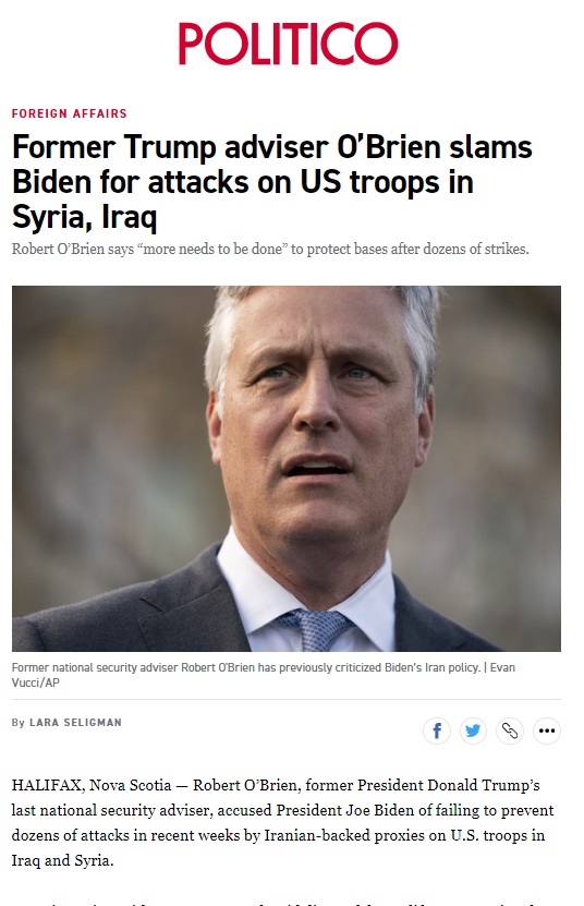 بوليتكو: مستشار ترامب ينتقد “فشل” بايدن بالتعامل مع هجمات الفصائل في العراق وسوريا