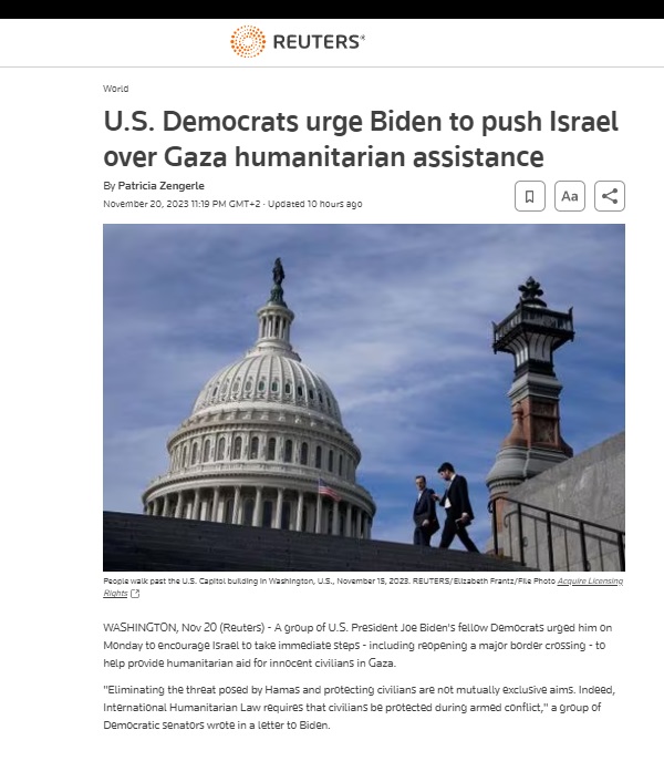 رويترز: ديمقراطيون يدعون بايدن للضغط على إسرائيل لتسهيل دخول المساعدات الإنسانية لغزة