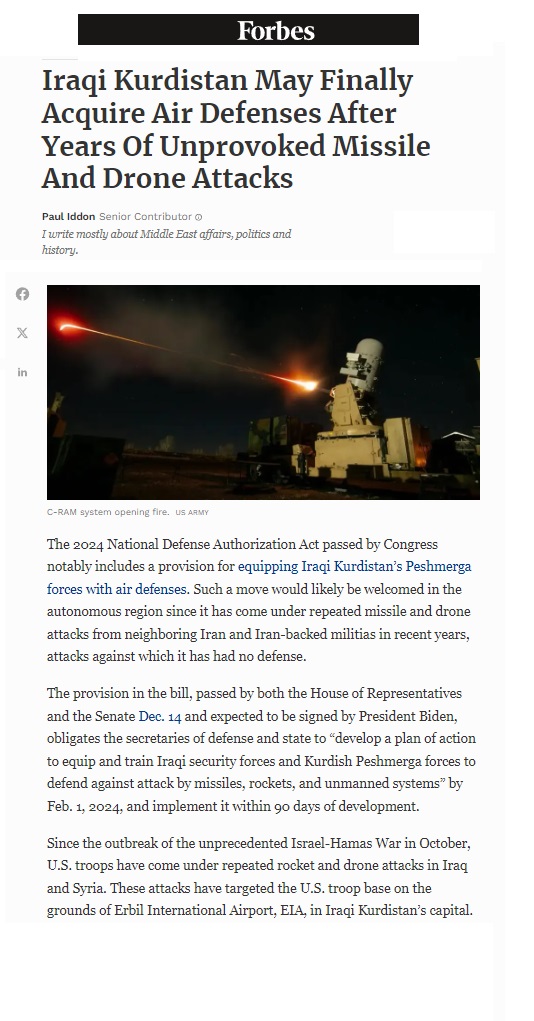 فوربس: خطة أمريكية لتسليح اقليم كوردستان بأنظمة دفاع جوي