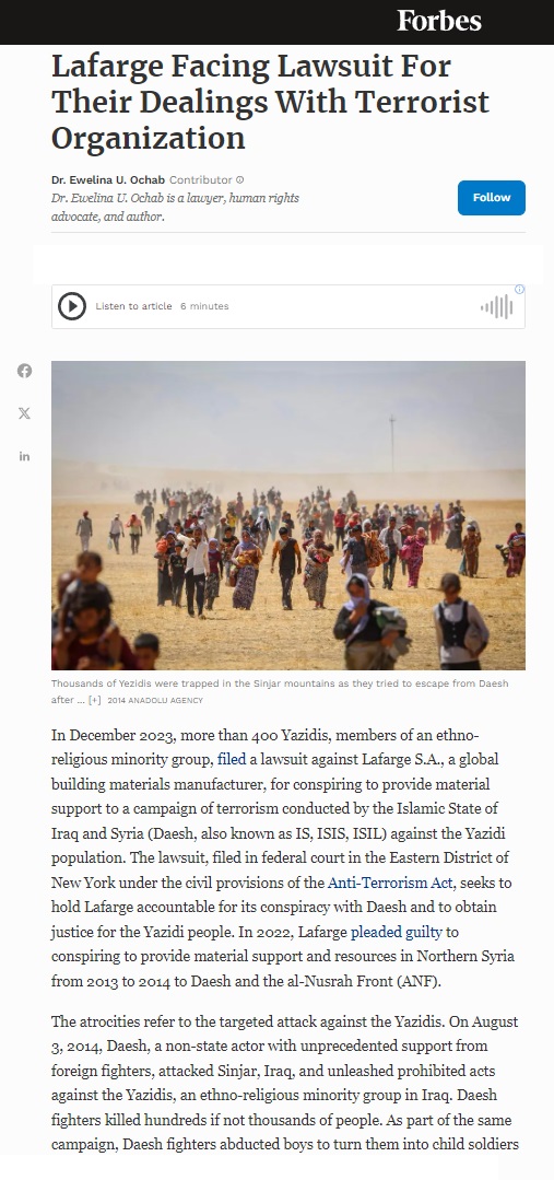 فوربس: إيزيديون يقاضون شركة فرنسية دعمت داعش