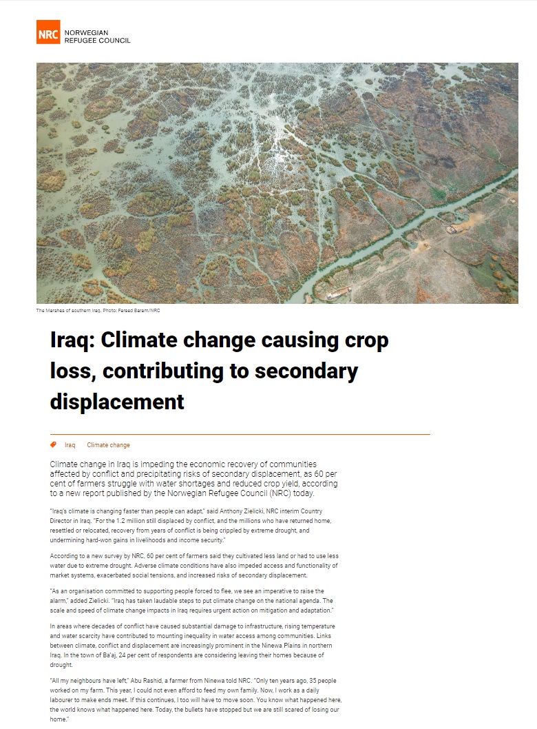 المجلس النرويجي للاجئين: انعكاسات مقلقة للجفاف في العراق