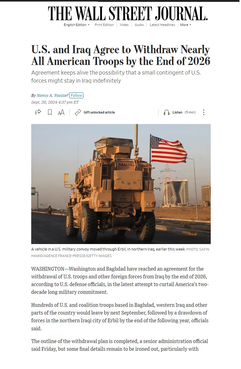 وول ستريت جورنال: اتفاق قريب لمغادرة القوات الأميركية للعراق