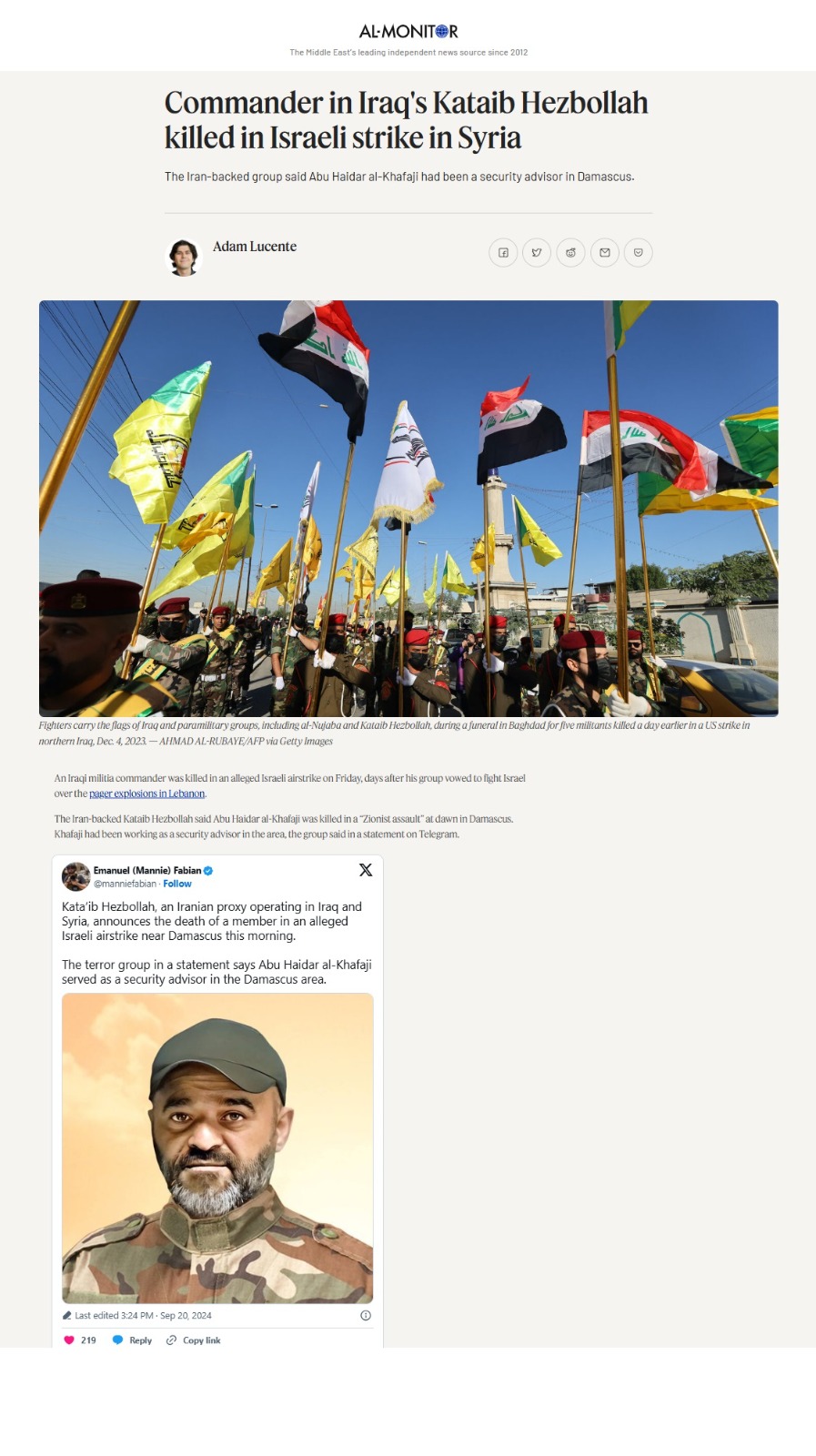 المونيتور: مقتل “مستشار أمني” في ميليشيا كتائب حزب الله العراقية بدمشق