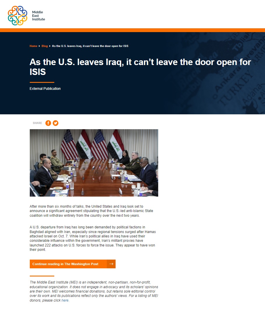 معهد الشرق الأوسط الأميركي: لا يمكن ترك الباب مفتوحا أمام داعش في العراق
