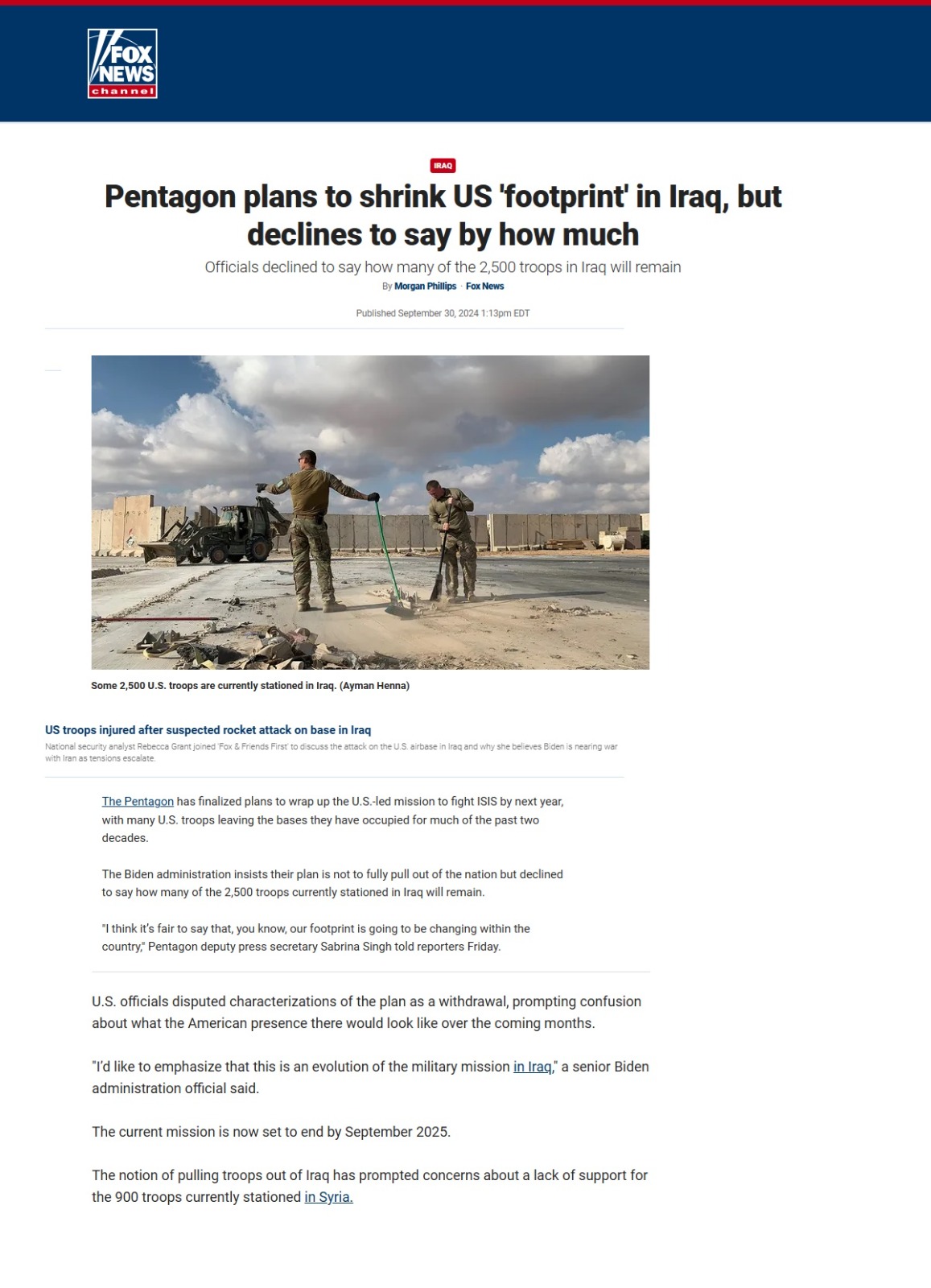 فوكس نيوز: البنتاغون يخطط لتقليص “البصمة” الأميركية في العراق