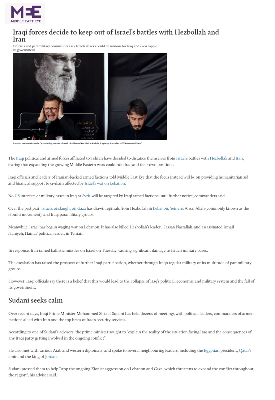 ميدل إيست آي: القوى العراقية تقرر البقاء بعيدا عن معارك إسرائيل مع حزب الله وإيران
