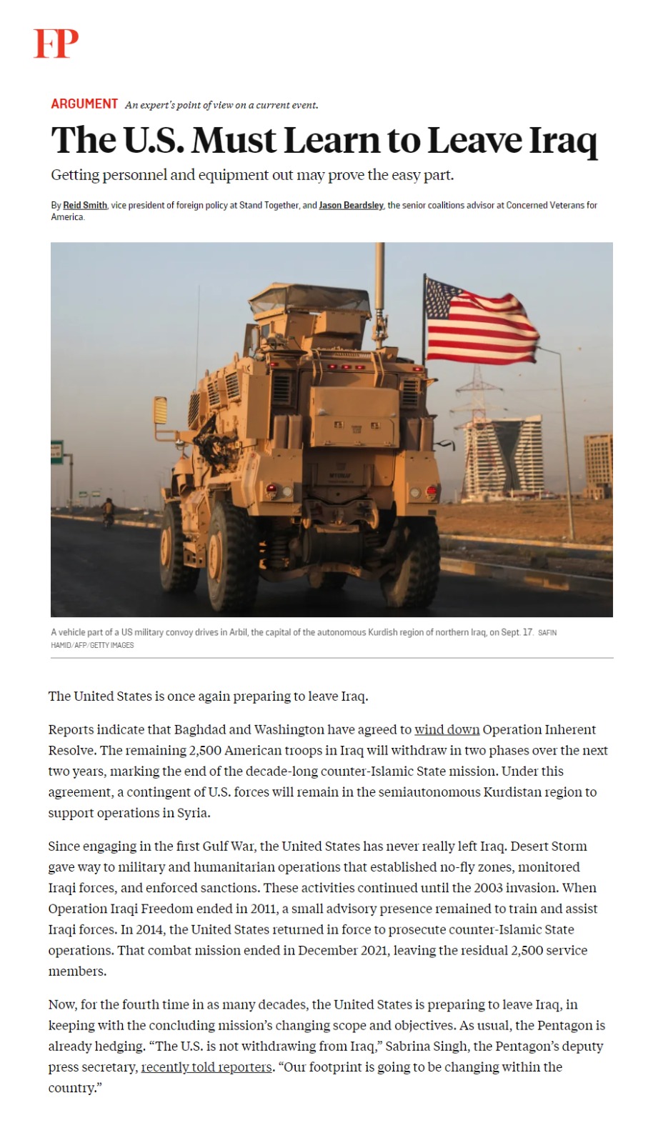 فورين بوليسي: يجب على الولايات المتحدة تعلم كيفية مغادرة العراق