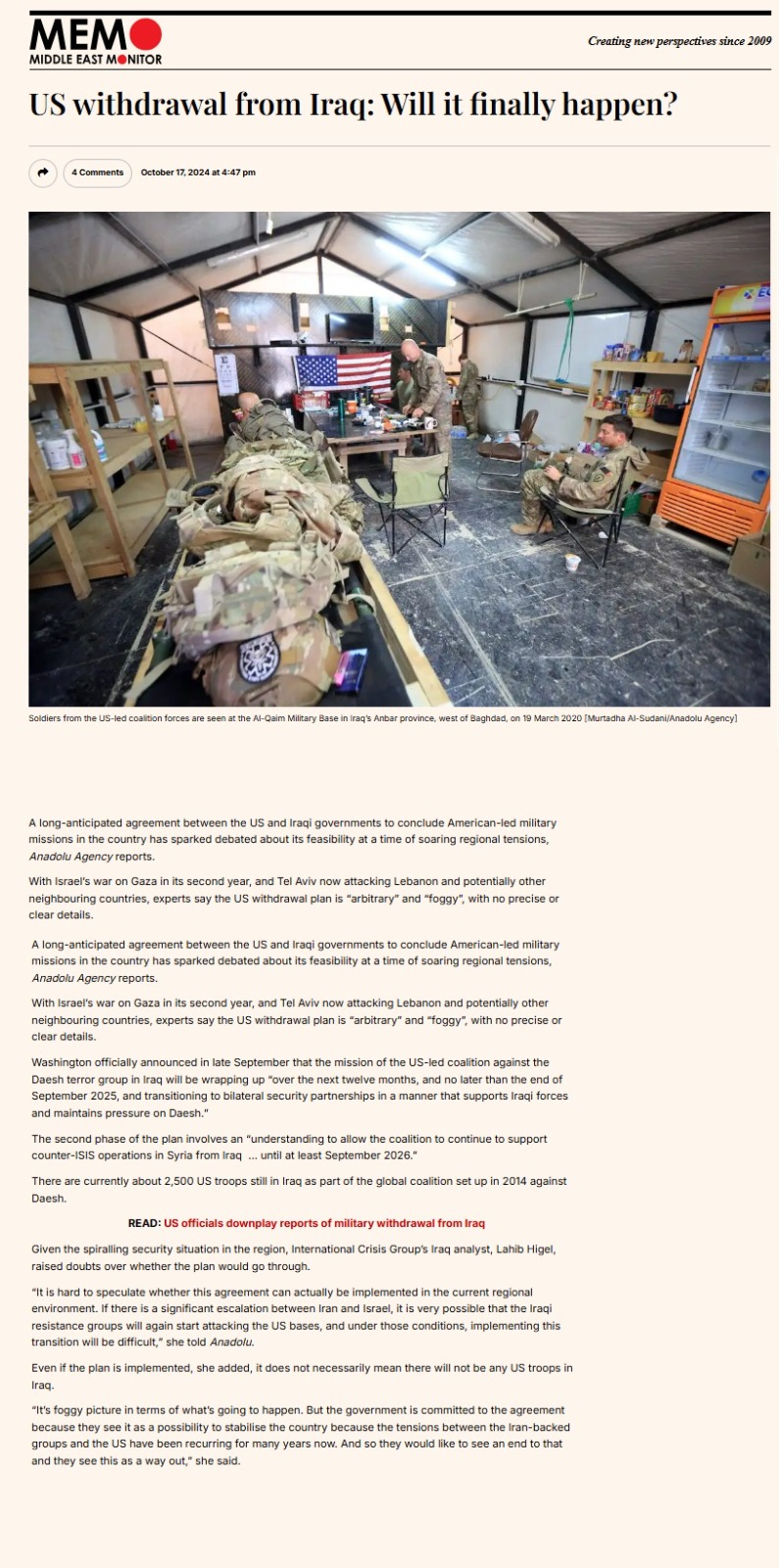 ميدل إيست مونيتور: الانسحاب الأميركي من العراق .. هل سيحدث أخيرا؟