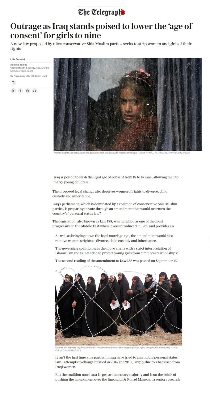 تليغراف: غضب بينما يستعد العراق لخفض “سن الزواج” للفتيات إلى 9 سنوات