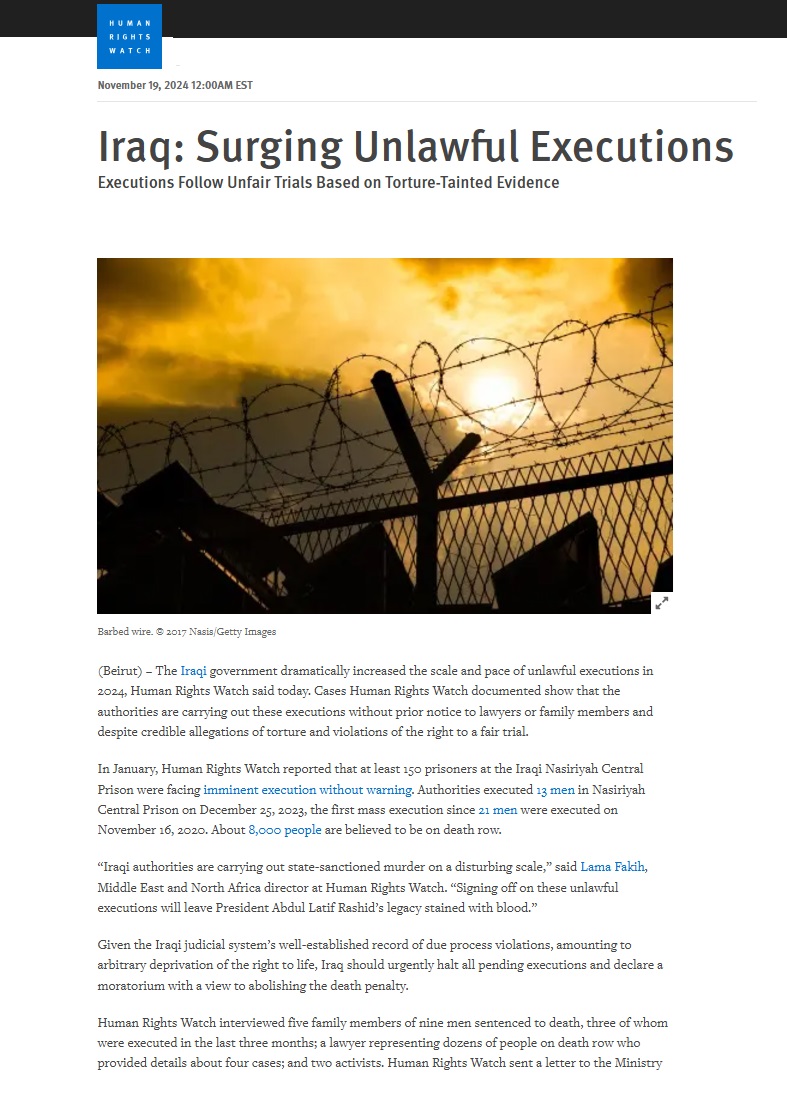 هيومن رايتس ووتش: تصاعد عمليات الإعدام غير القانونية في العراق