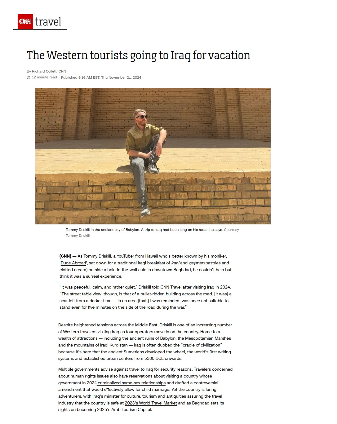 سي إن إن الأميركية: السياح الغربيون ذاهبون إلى العراق لقضاء عطلة