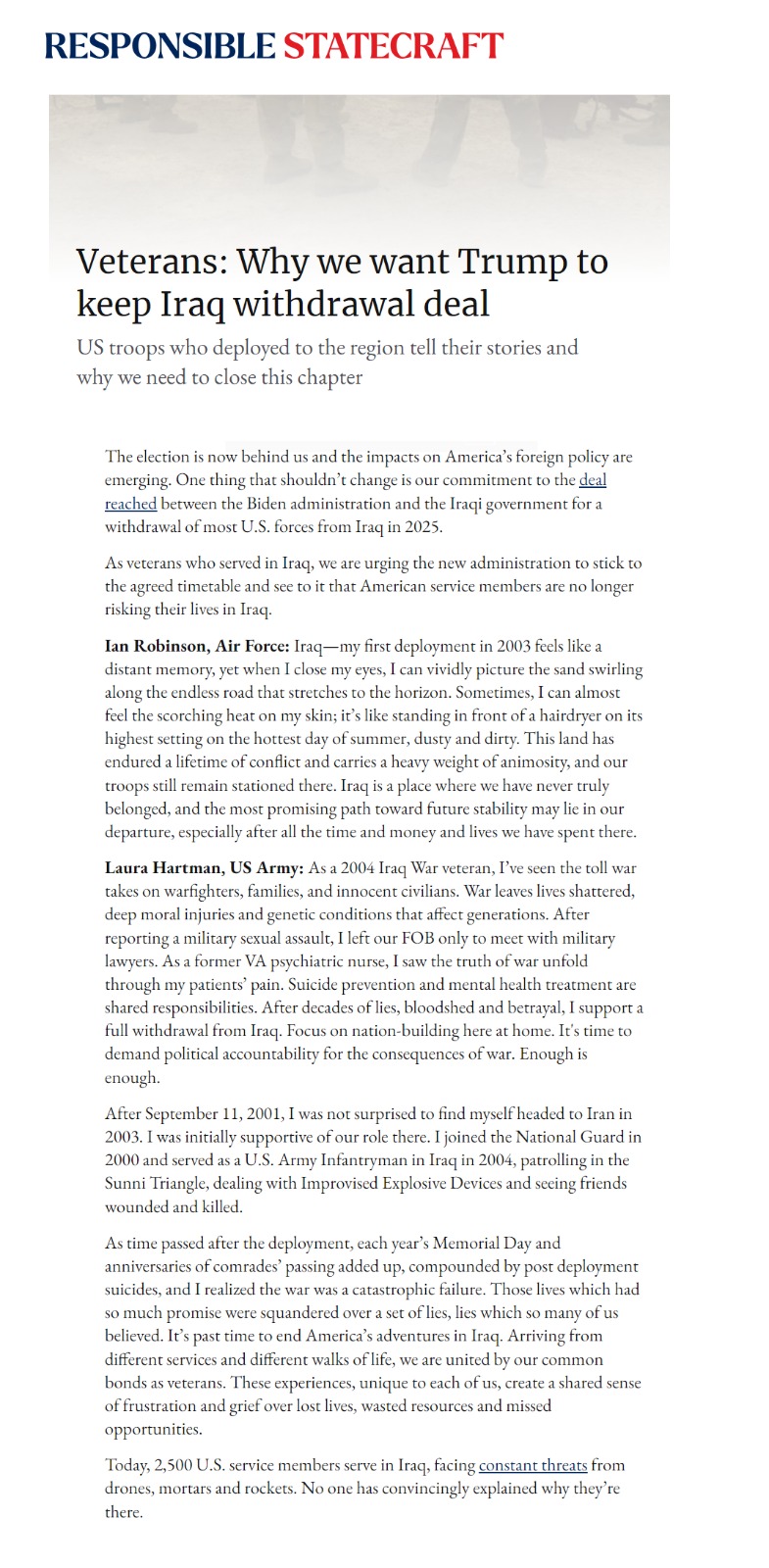 ريسبونسبال ستيت كرافت: يجب أن يحافظ ترامب على اتفاق الانسحاب من العراق