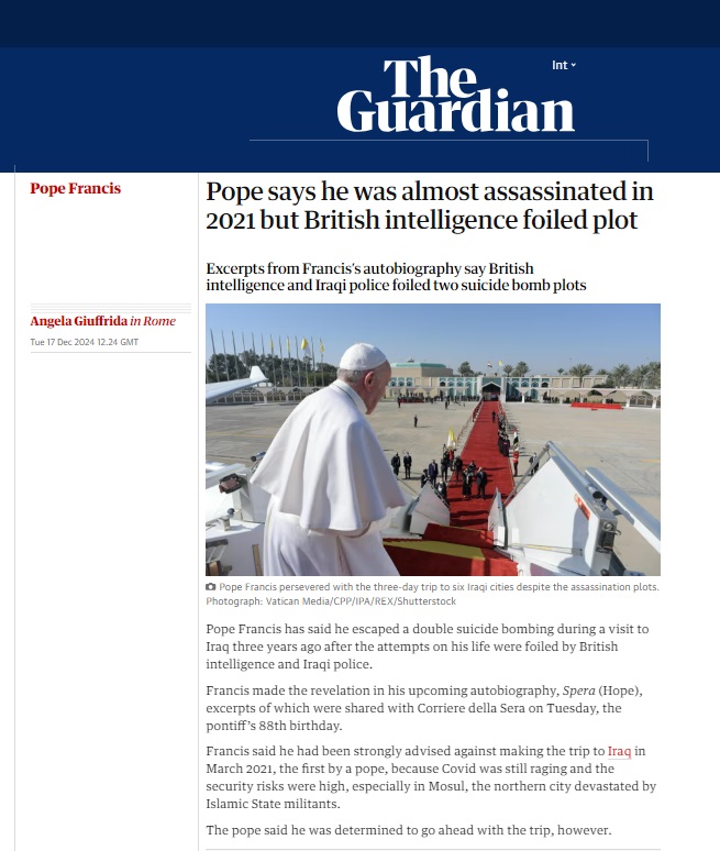 الغارديان: المخابرات البريطانية والشرطة العراقية أحبطت اغتيال البابا فرانسيس بالعراق