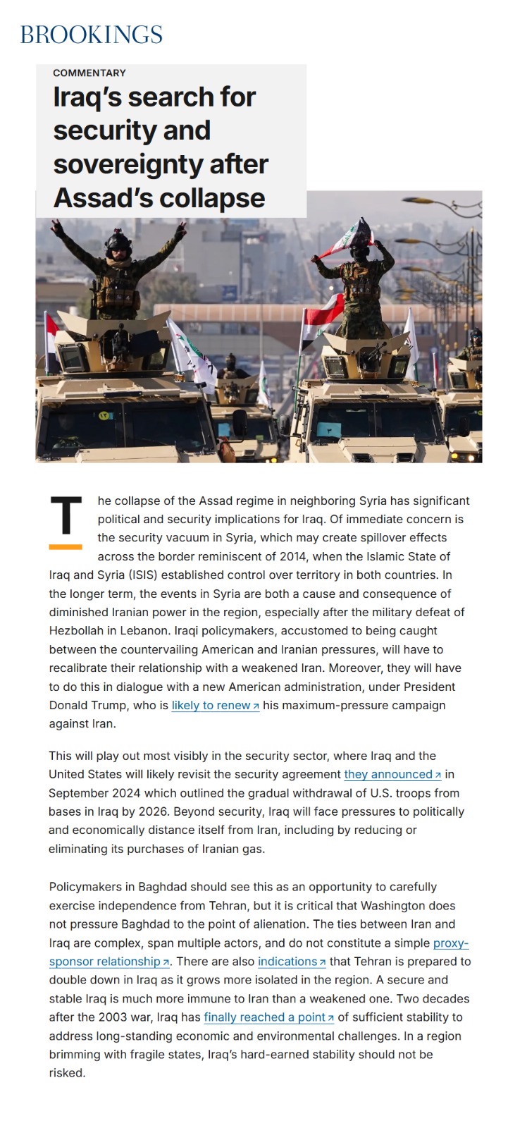 معهد بروكنغر: العراق يبحث عن الأمن والسيادة بعد سقوط الأسد