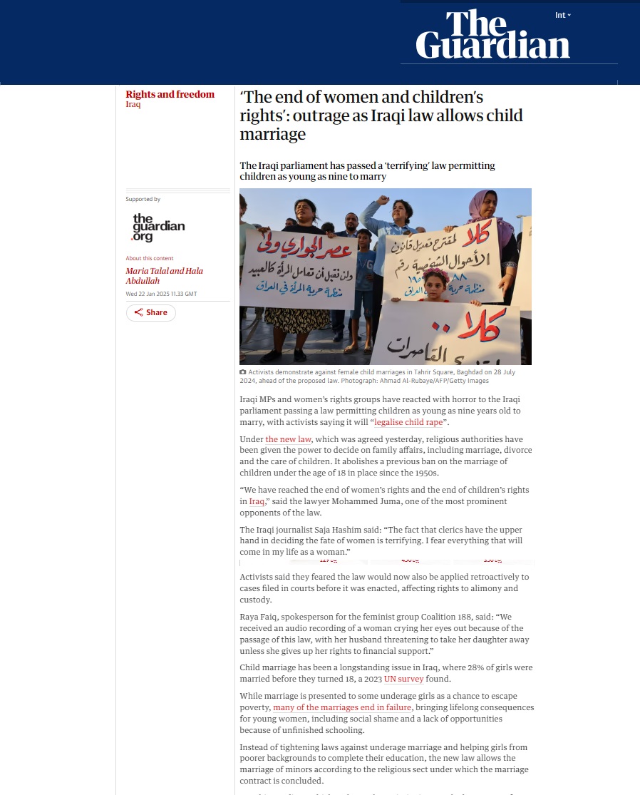 الغارديان: نهاية حقوق المرأة والطفل في العراق