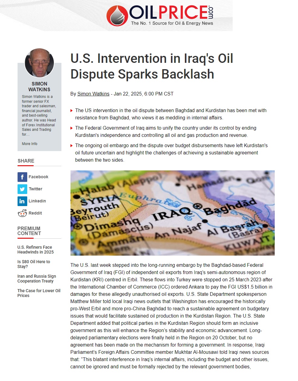 أويل برايس: التدخل الأميركي في النزاع النفطي العراقي يثير رد فعل عنيفا