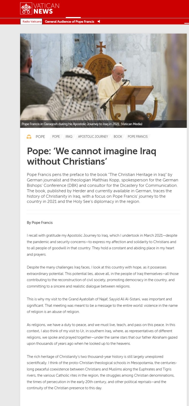 الفاتيكان نيوز: البابا يقول إنه لا يمكن تخيل العراق بدون المسيحيين