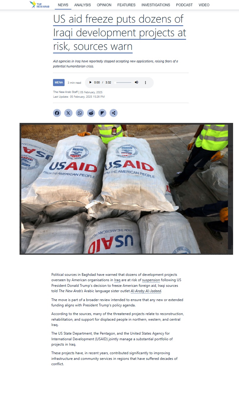 ذا نيو آراب: تجميد المساعدات الأميركية يعرض عشرات المشاريع التنموية العراقية للخطر