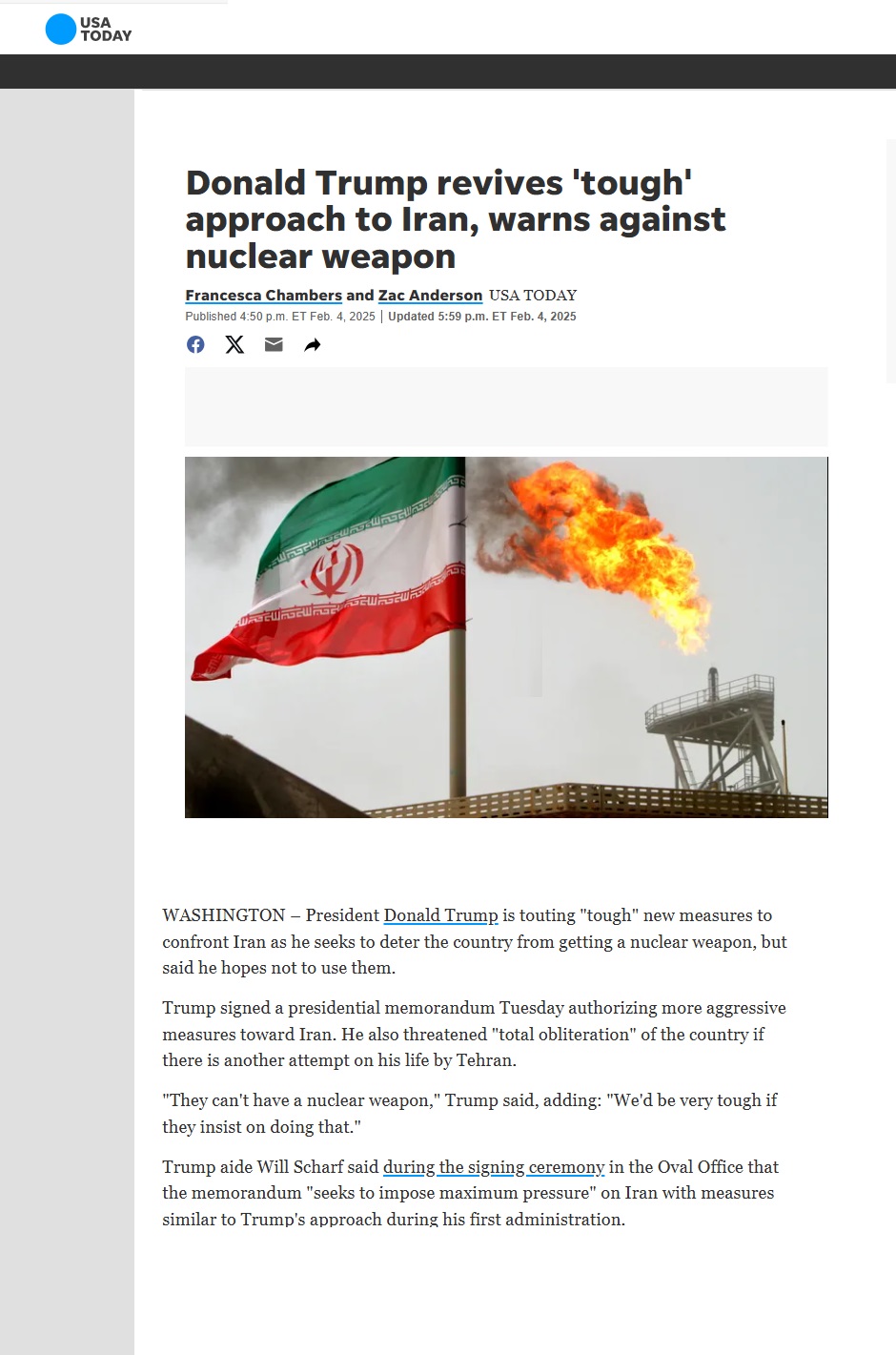 يو إس توداي: إدارة ترامب تحيي نهجها “المتشدد” تجاه إيران والعراق في الواجهة