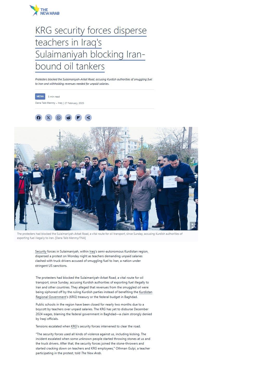 ذا نيو آراب: القوات الكردية تفرق مظاهرة للمعلمين في السليمانية منعوا ناقلات النفط المتجهة إلى إيران