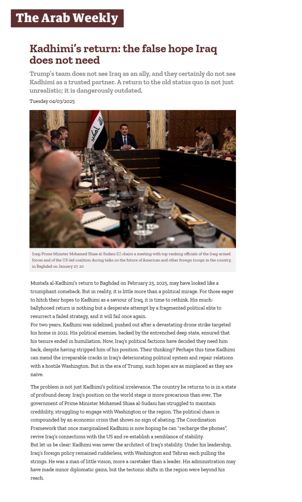 عرب ويكلي: عودة الكاظمي.. الأمل الكاذب الذي لا يحتاجه العراق