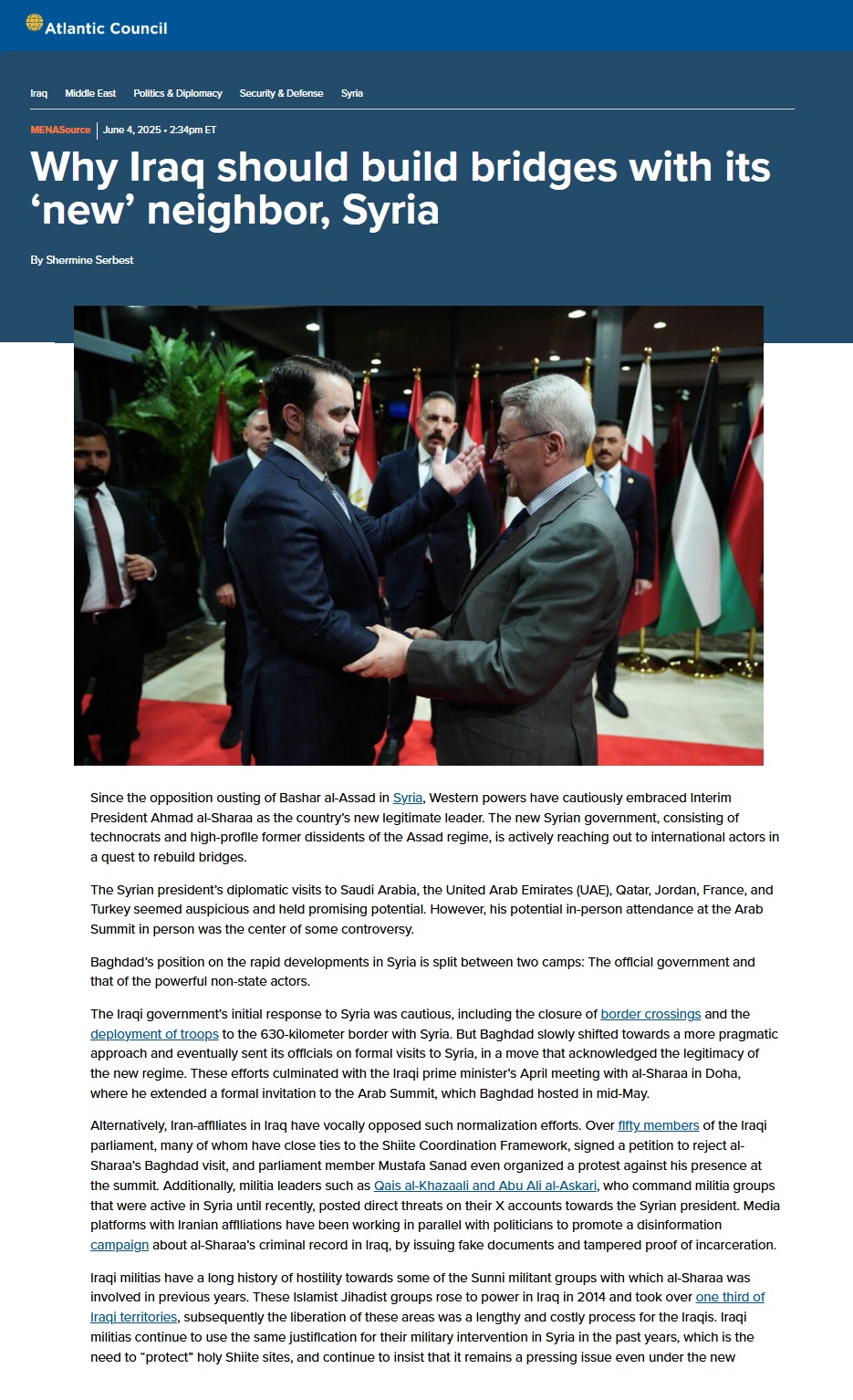 أتلانتيك كاونسل: لماذا يجب على العراق بناء الجسور مع جارته “الجديدة” سوريا؟