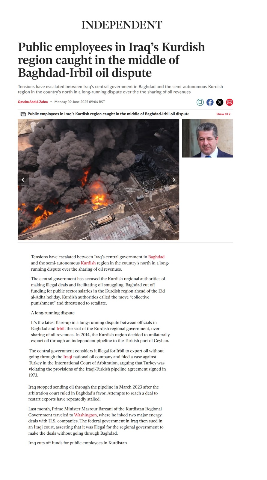 إندبندنت: موظفون كردستان عالقون في خضم النزاع النفطي بين بغداد وأربيل
