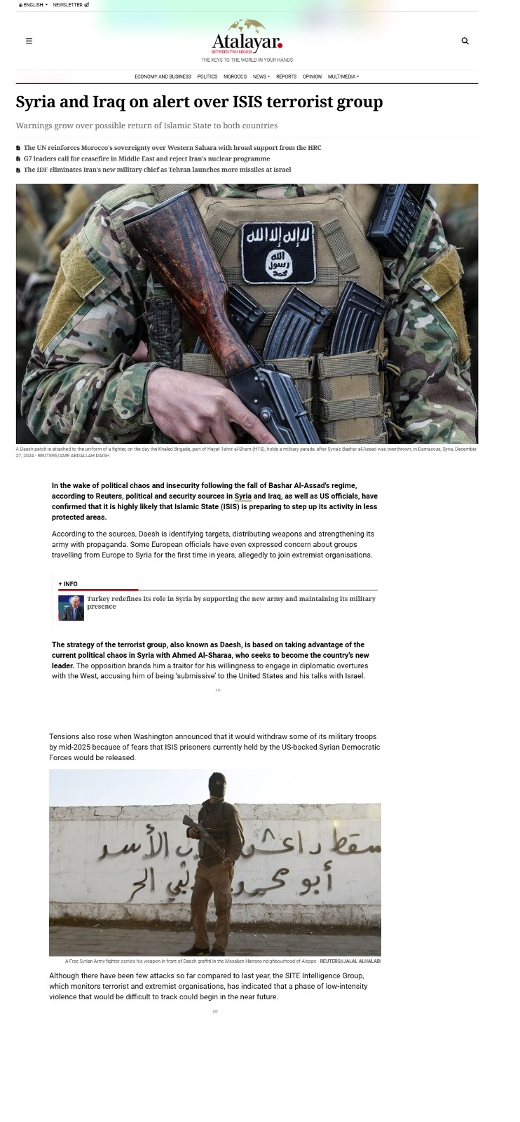 آتالايار: سوريا والعراق في حالة تأهب بسبب تنظيم داعش الإرهابي