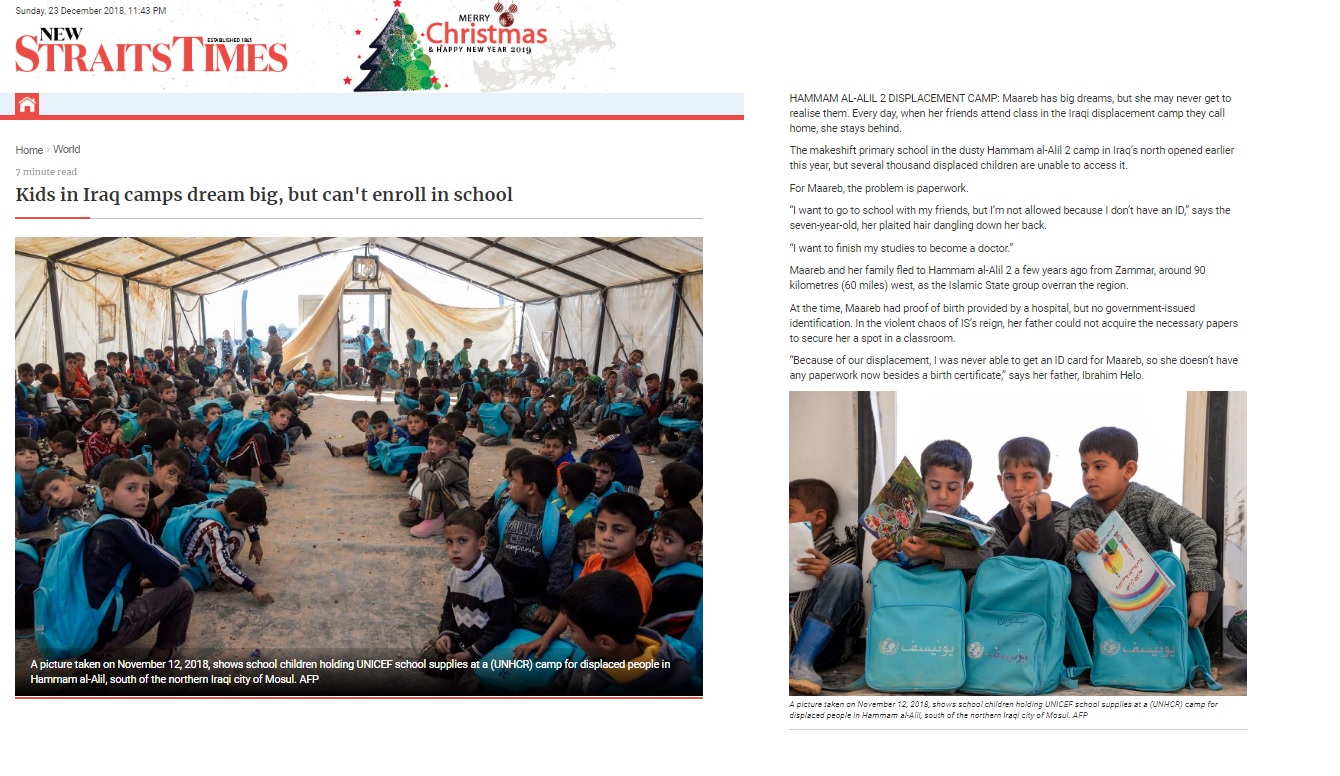 ستار تايمز: الأطفال النازحين في العراق يملكون أحلاما كبيرة لكنهم غير قادرين على الالتحاق بمدرسة
